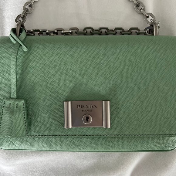 Brand New Rare Prada Saffiano Lux Leather Chain Shoulder Bag in Acquamarina - Picture 6 of 15